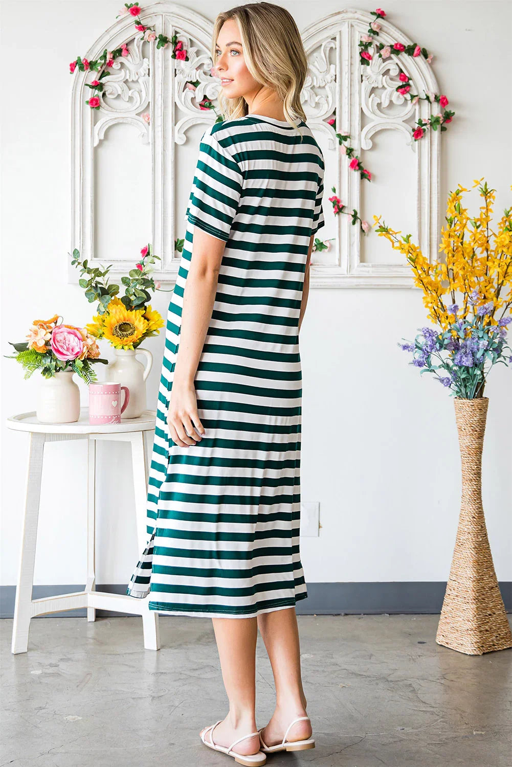 Striped V-Neck Short Sleeve Side Slit Dress - Southern Shores Clothing