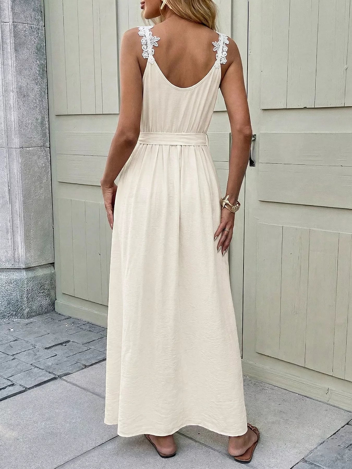 Lace Trimmed Slit Maxi Dress With Tie Detail