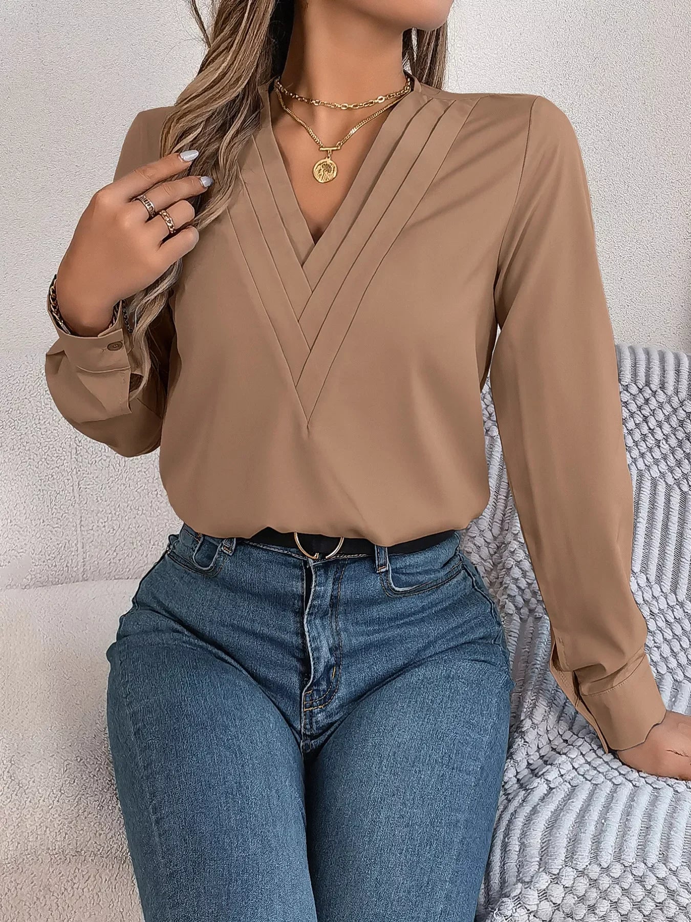 Layered V-Neck Long Sleeve Polyester Blouse - Southern Shores Clothing