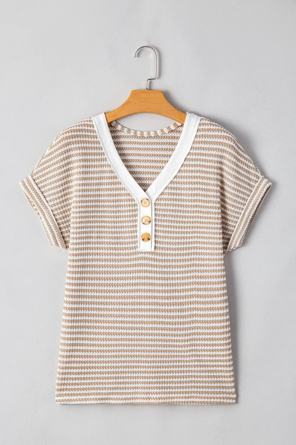 Striped Knit V Neck Button Front T Shirt - Southern Shores Clothing