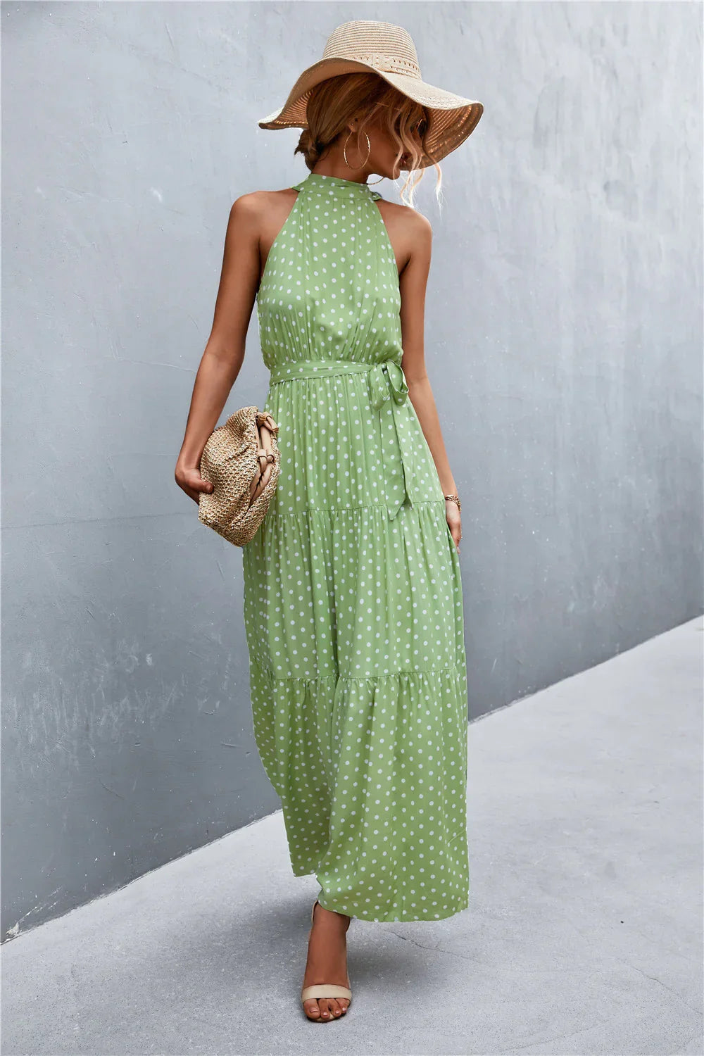 Printed Sleeveless Tie Waist Maxi Dress Polka Dot - Southern Shores Clothing