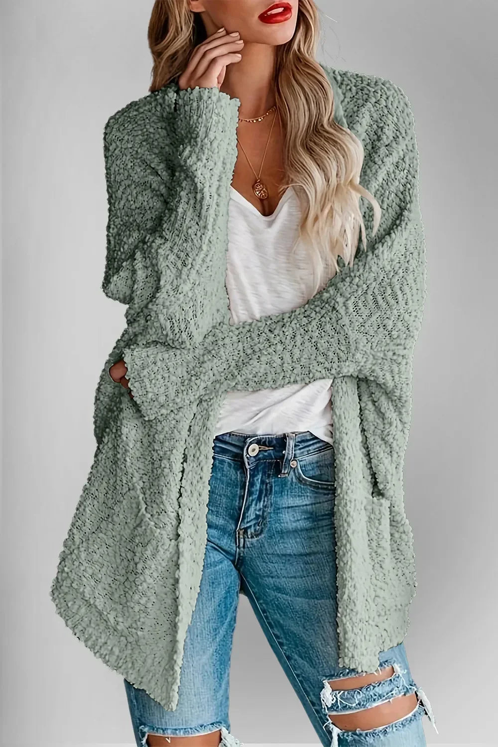 Pocketed Open Front Long Sleeve Cardigan With Stretch - Southern Shores Clothing