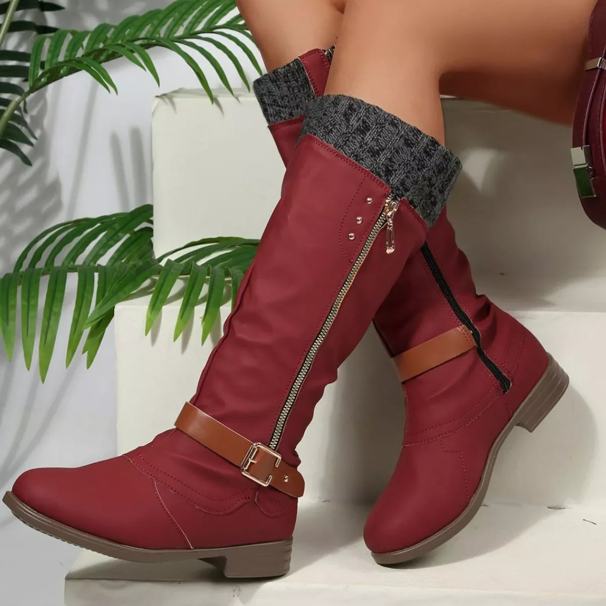 Round Toe Block Heel Boots Suede Rubber Casual