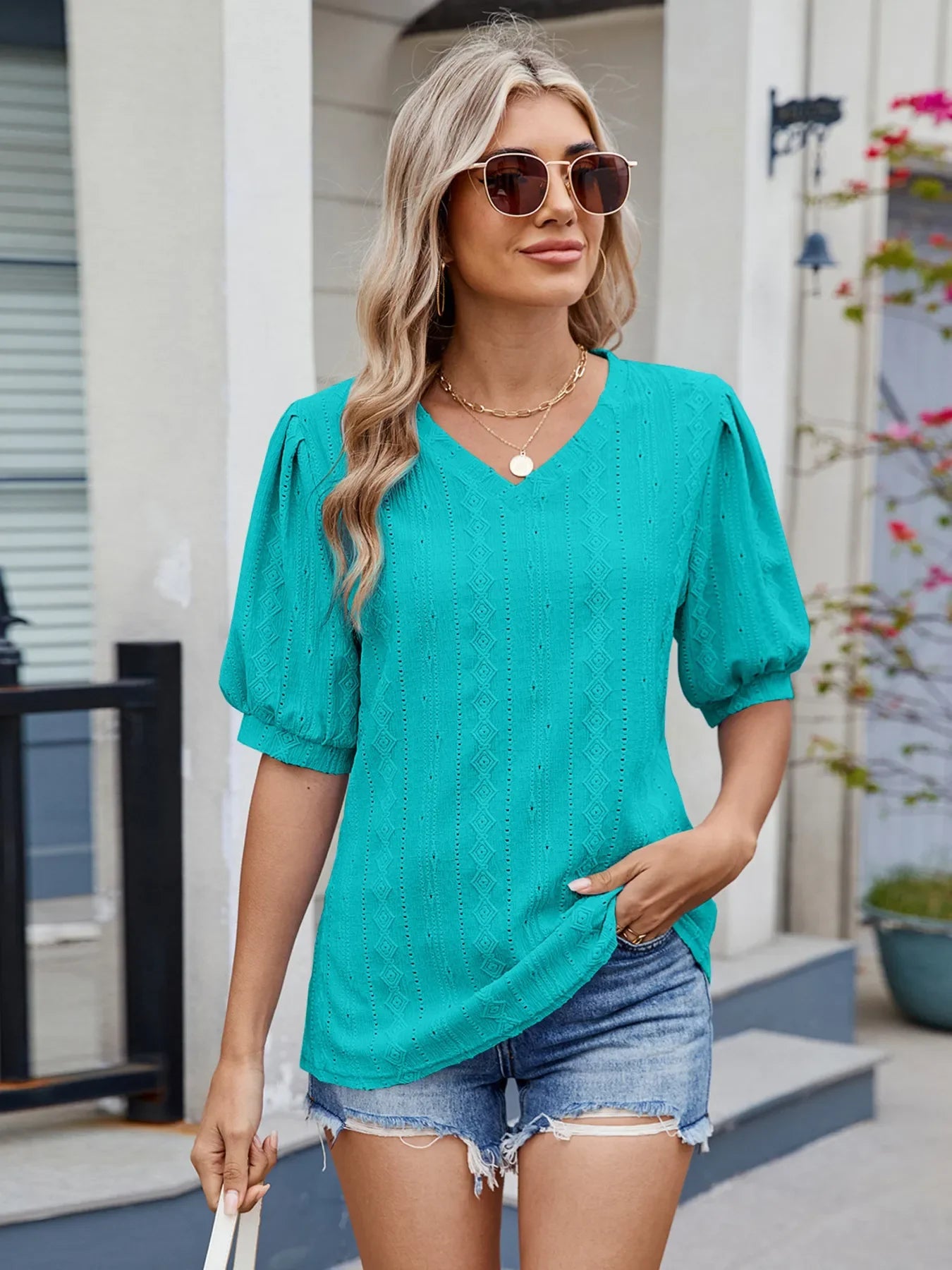 Spade Eyelet V-Neck Puff Sleeve Rayon Top - Southern Shores Clothing