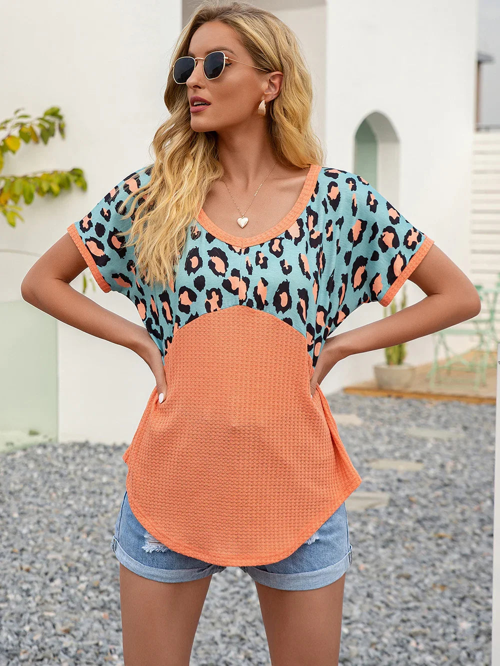 Leopard Print Waffle-Knit Short Sleeve Top - Southern Shores Clothing