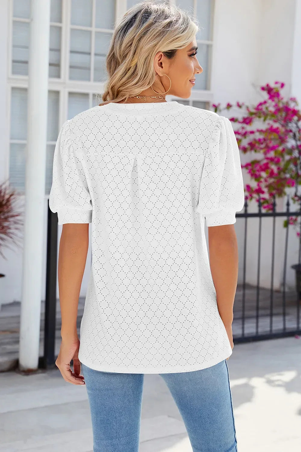 Eyelet Notched Puff Sleeve T-Shirt - Southern Shores Clothing