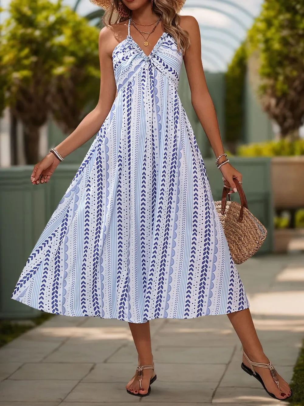 Printed Halter Neck Midi Dress With Tie Detail Polyester - Southern Shores Clothing