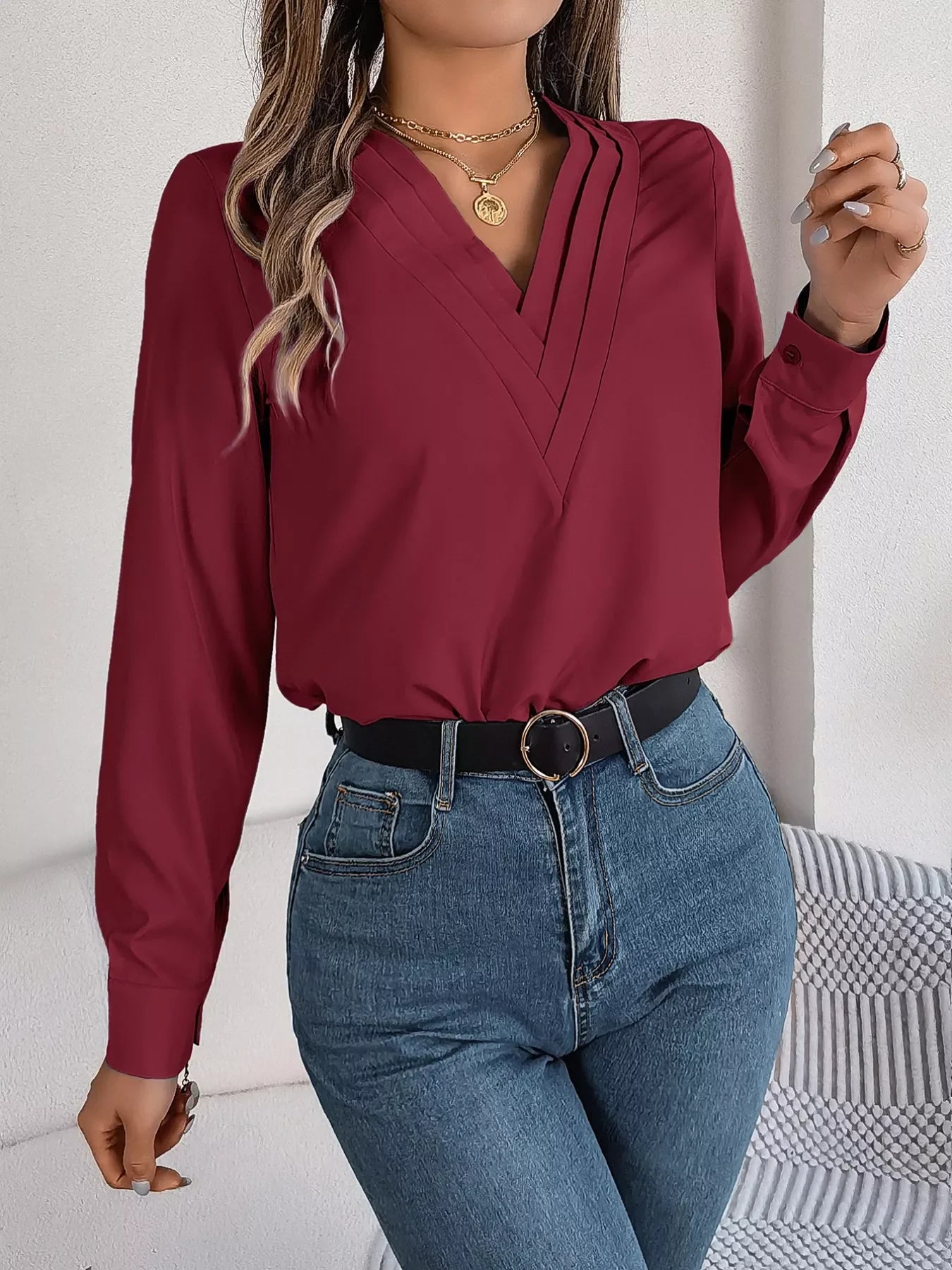 Layered V-Neck Long Sleeve Polyester Blouse - Southern Shores Clothing