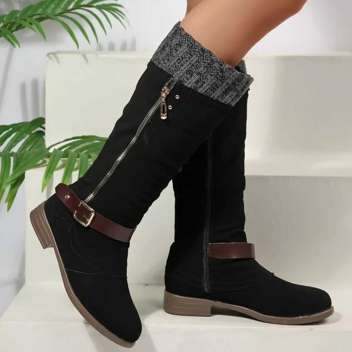 Round Toe Block Heel Boots Suede Rubber Casual