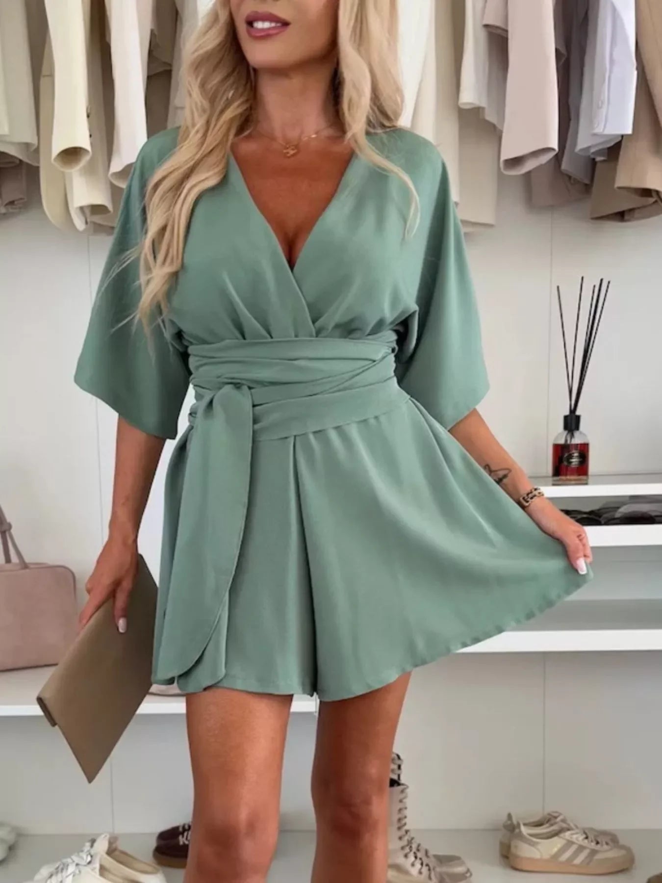 Belted Surplice Tie Waist Stretch Knit Romper - Southern Shores Clothing