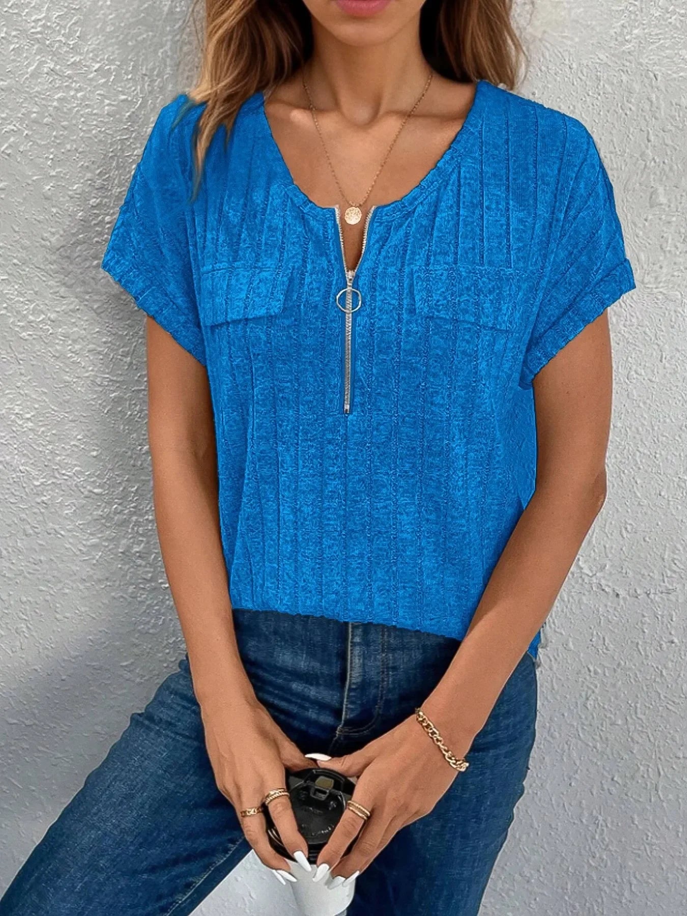 Zip-Front Ribbed Short Sleeve T-Shirt Coastal Style - Southern Shores Clothing