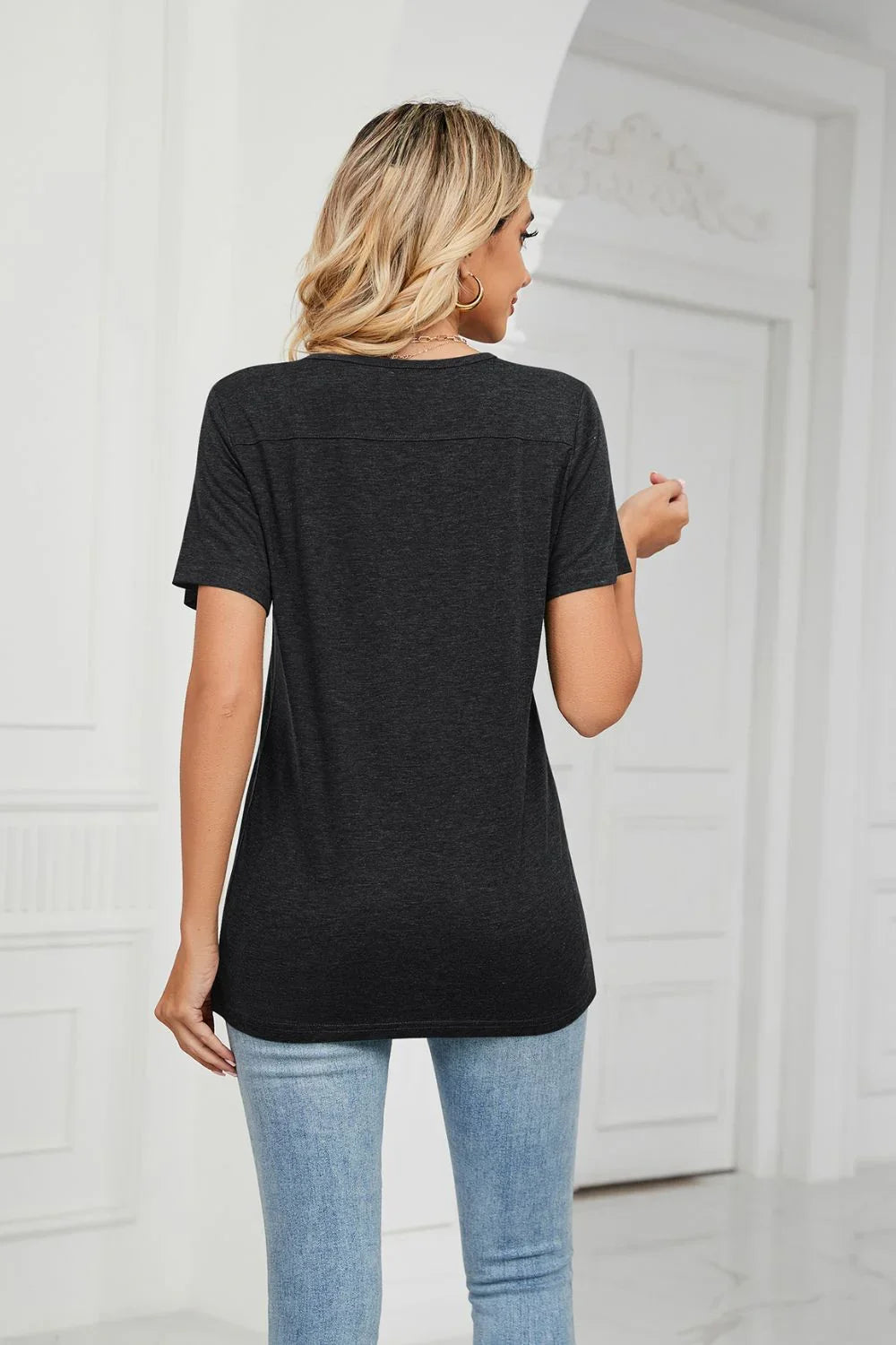 Decorative Button V-Neck Short Sleeve T Shirt - Southern Shores Clothing