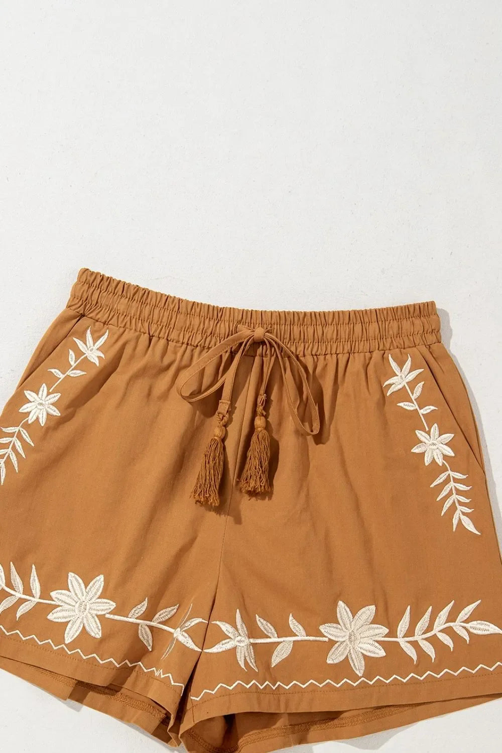 Embroidered Boho Tasseled Drawstring Elastic Waist Casual Shorts - Southern Shores Clothing