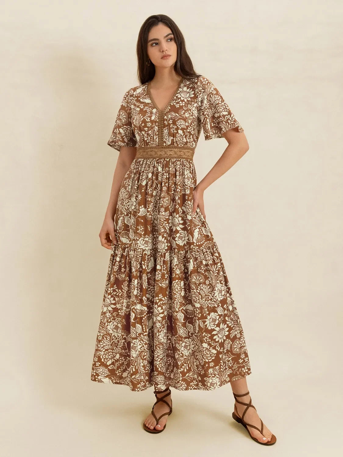 Lace Detail Floral Print Short Sleeve Midi Dress V Neck - Southern Shores Clothing