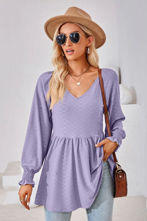 V-Neck Lantern Sleeve Blouse With Regular Length Casual Fit - Southern Shores Clothing