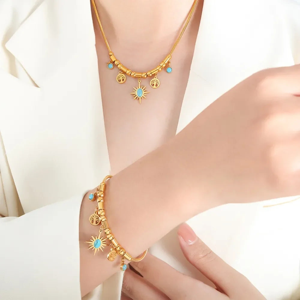 Gold Plated Titanium Steel Charm Bracelet Turquoise Accents - Southern Shores Clothing