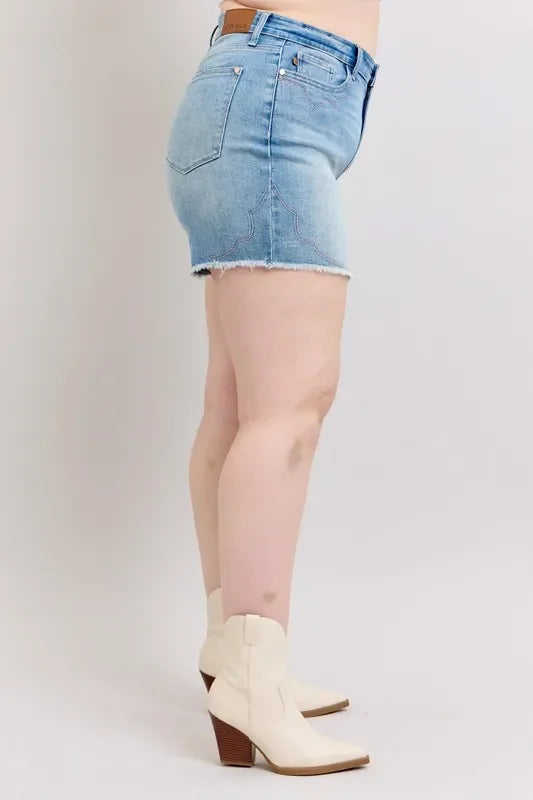 Plus Size High Waist Western Embroidered Cutoff Denim Shorts - Southern Shores Clothing