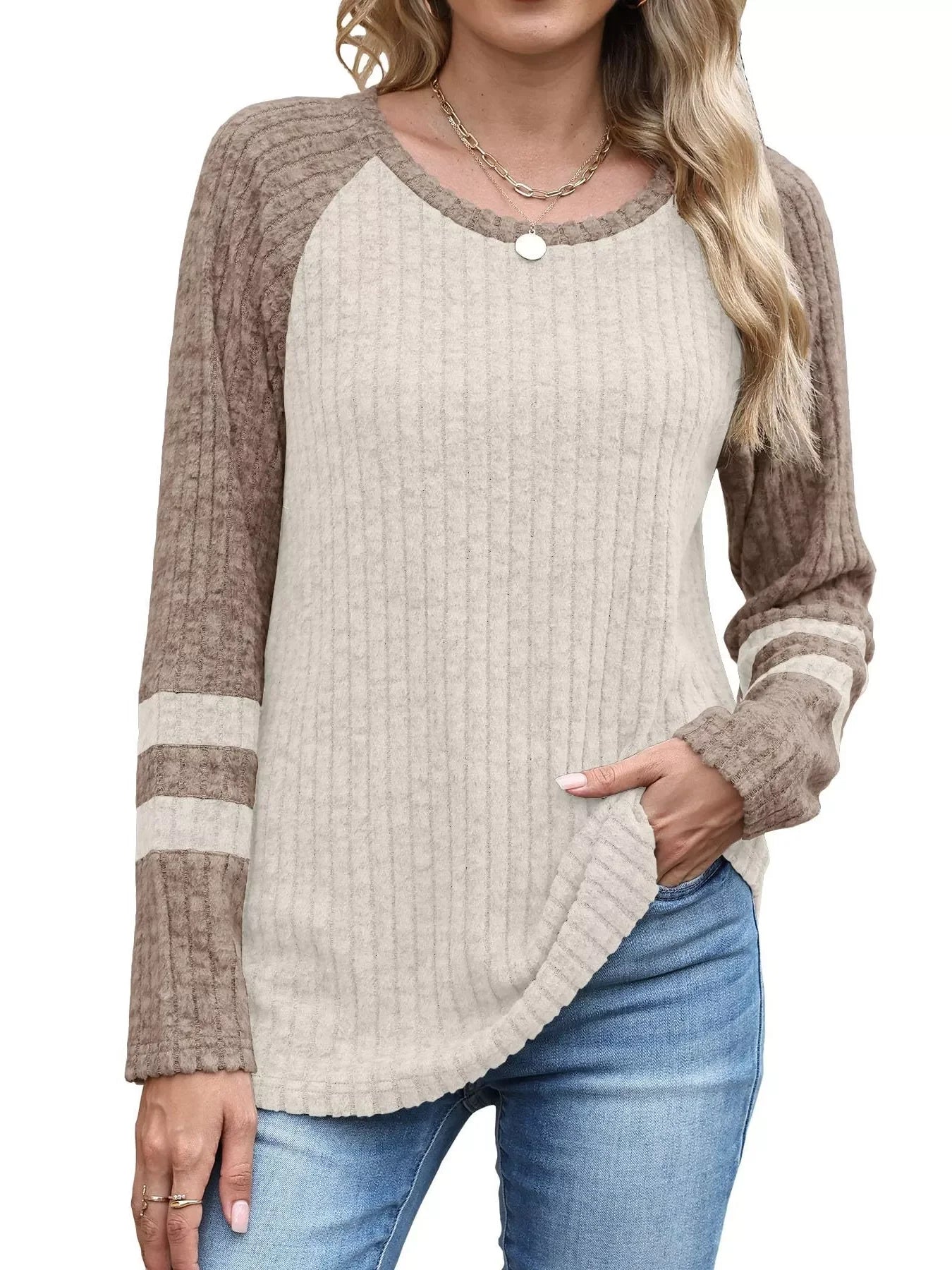 Ribbed Round Neck Raglan Sleeve Top - Southern Shores Clothing