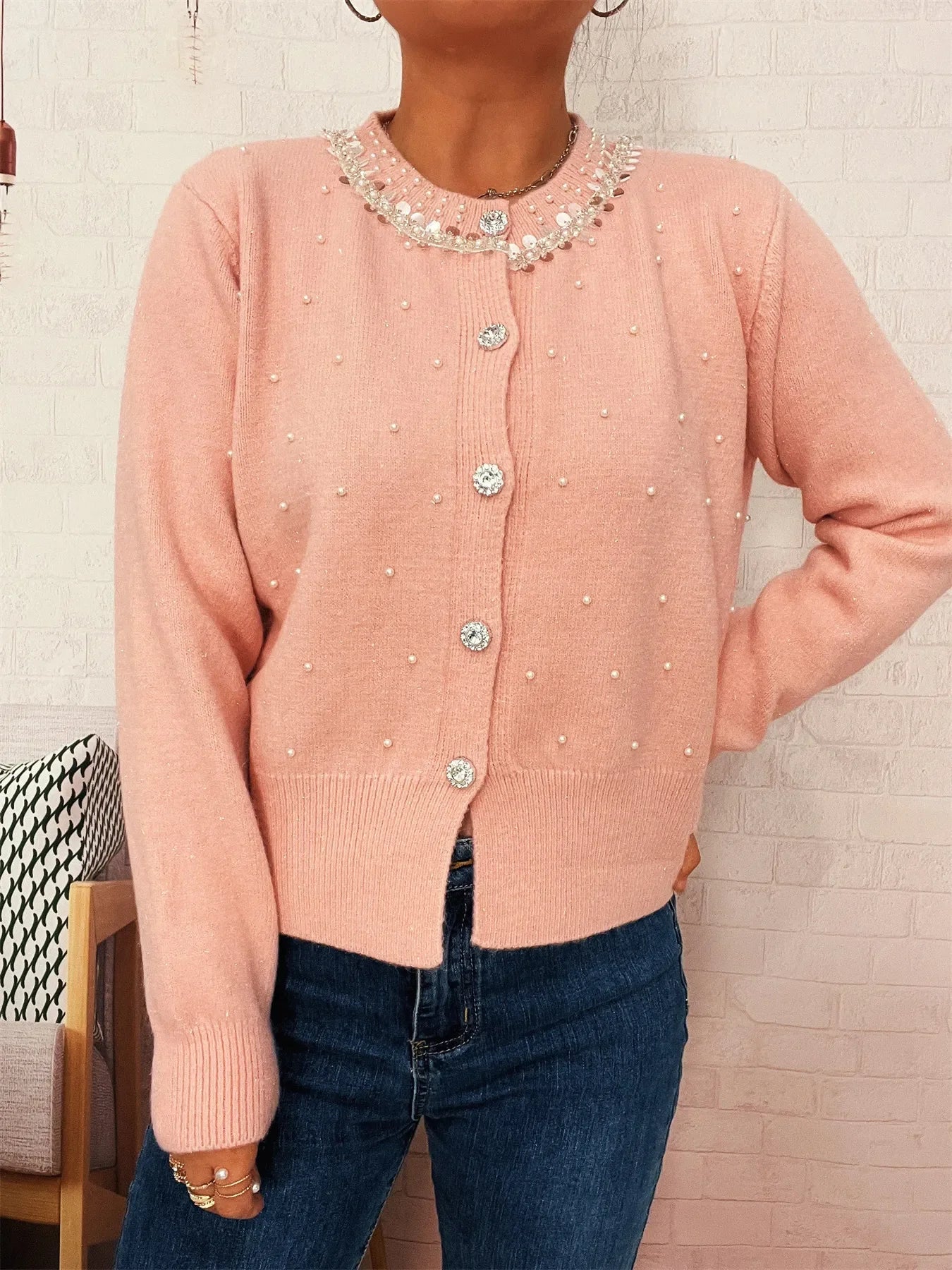 Pearl Detail Button Front Cardigan Stretch Knit - Southern Shores Clothing