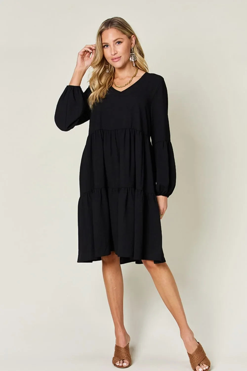 V Neck Balloon Sleeve Tiered Dress With Pockets - Southern Shores Clothing