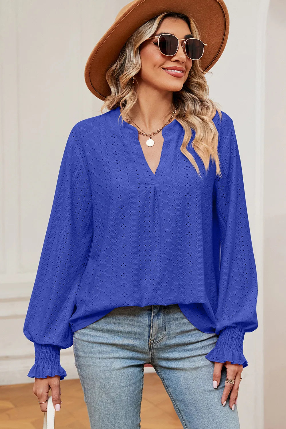 Women's Eyelet Notched Long Sleeve T-Shirt with Opaque Sheer Design