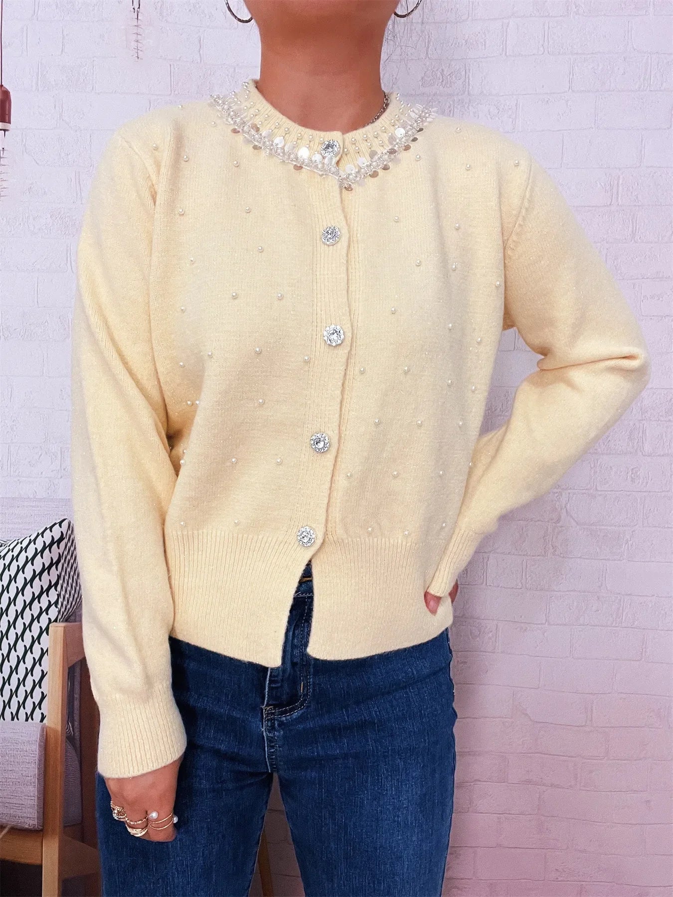 Pearl Detail Button Front Cardigan Stretch Knit - Southern Shores Clothing