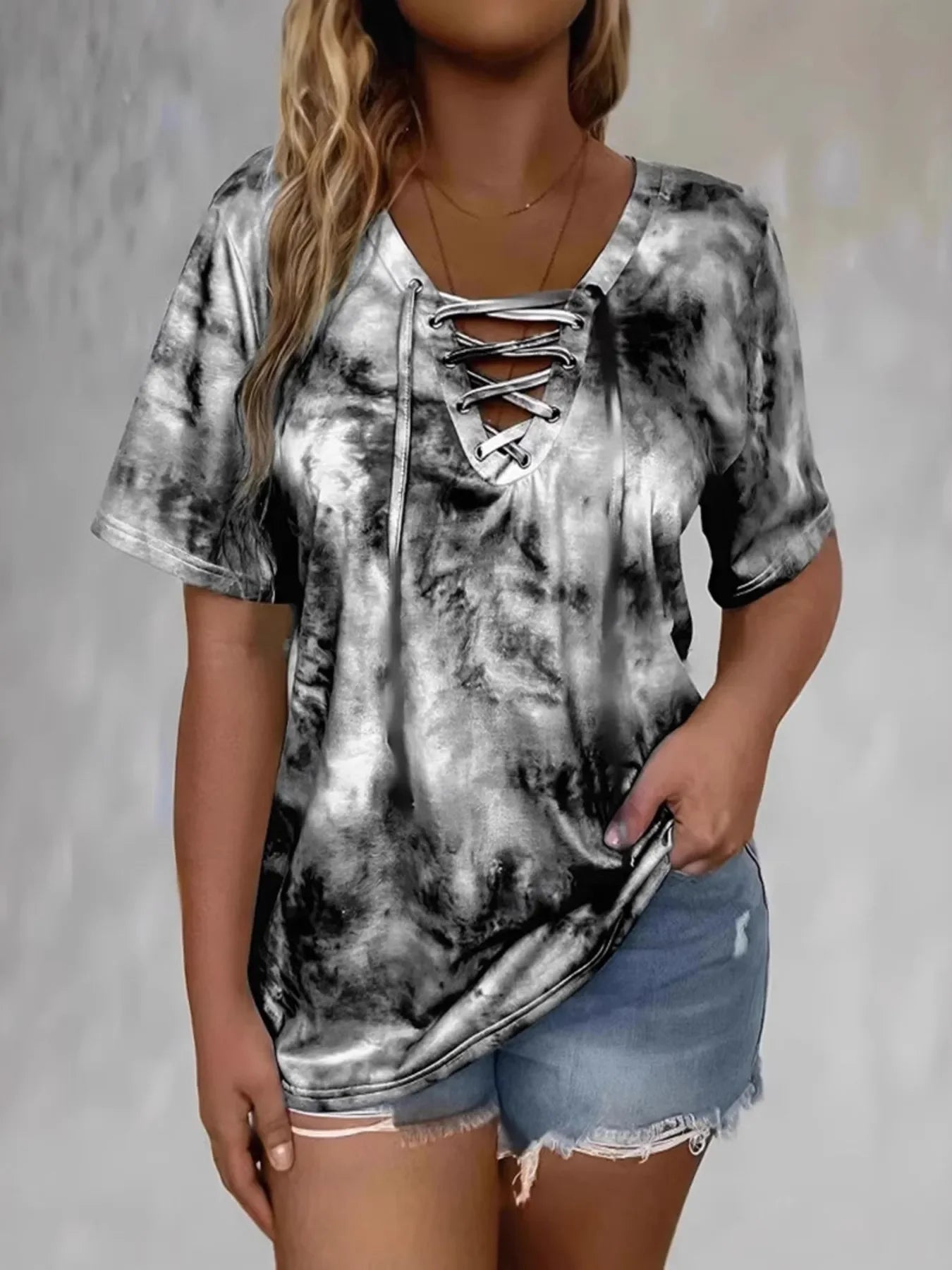 Tie Dye Lace Up V Neck Short Sleeve Casual T Shirt - Southern Shores Clothing