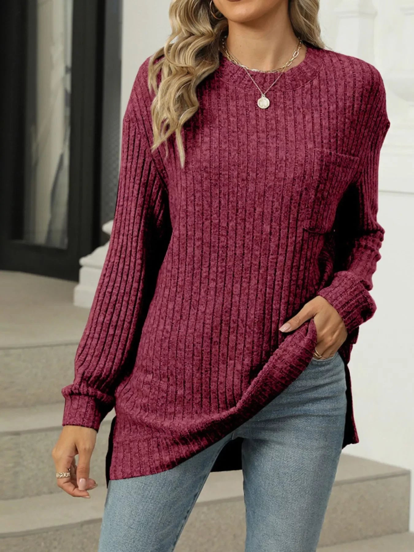 Ribbed Knit Round Neck Sweater - Southern Shores Clothing
