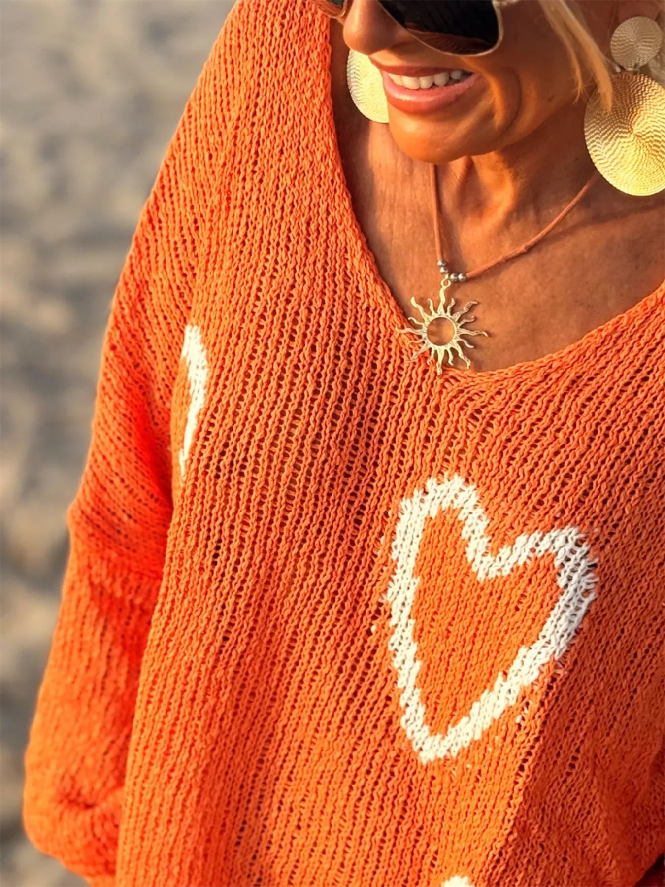 Heart V-Neck Dropped Shoulder Sweater | Southern Shores Clothing - Southern Shores Clothing