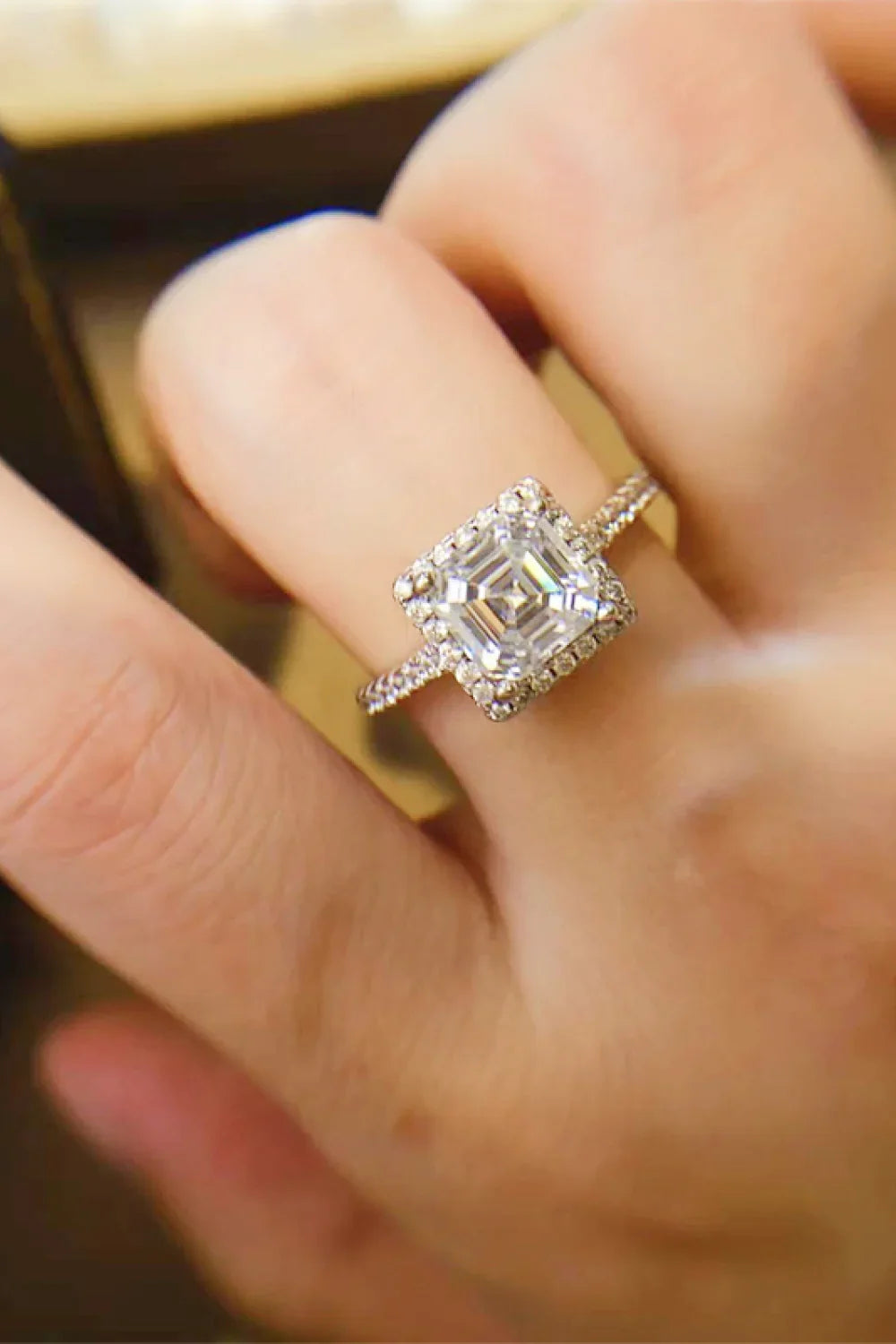 Emerald-Cut Moissanite Ring With Halo In Sterling Silver - Southern Shores Clothing