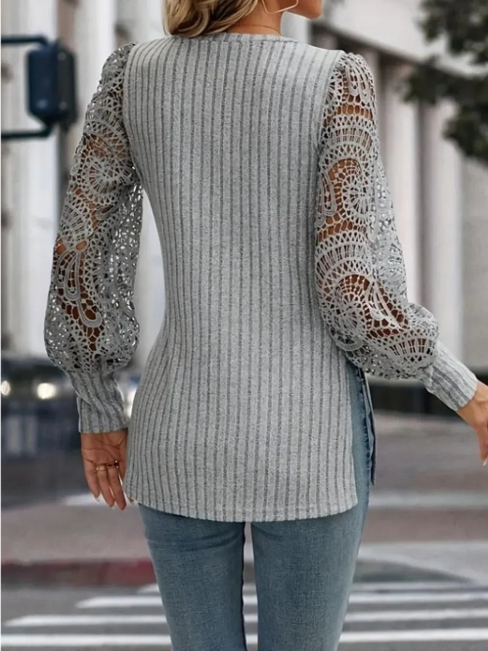 Side Slit V-Neck Lace Long Sleeve T Shirt Relaxed Fit - Southern Shores Clothing