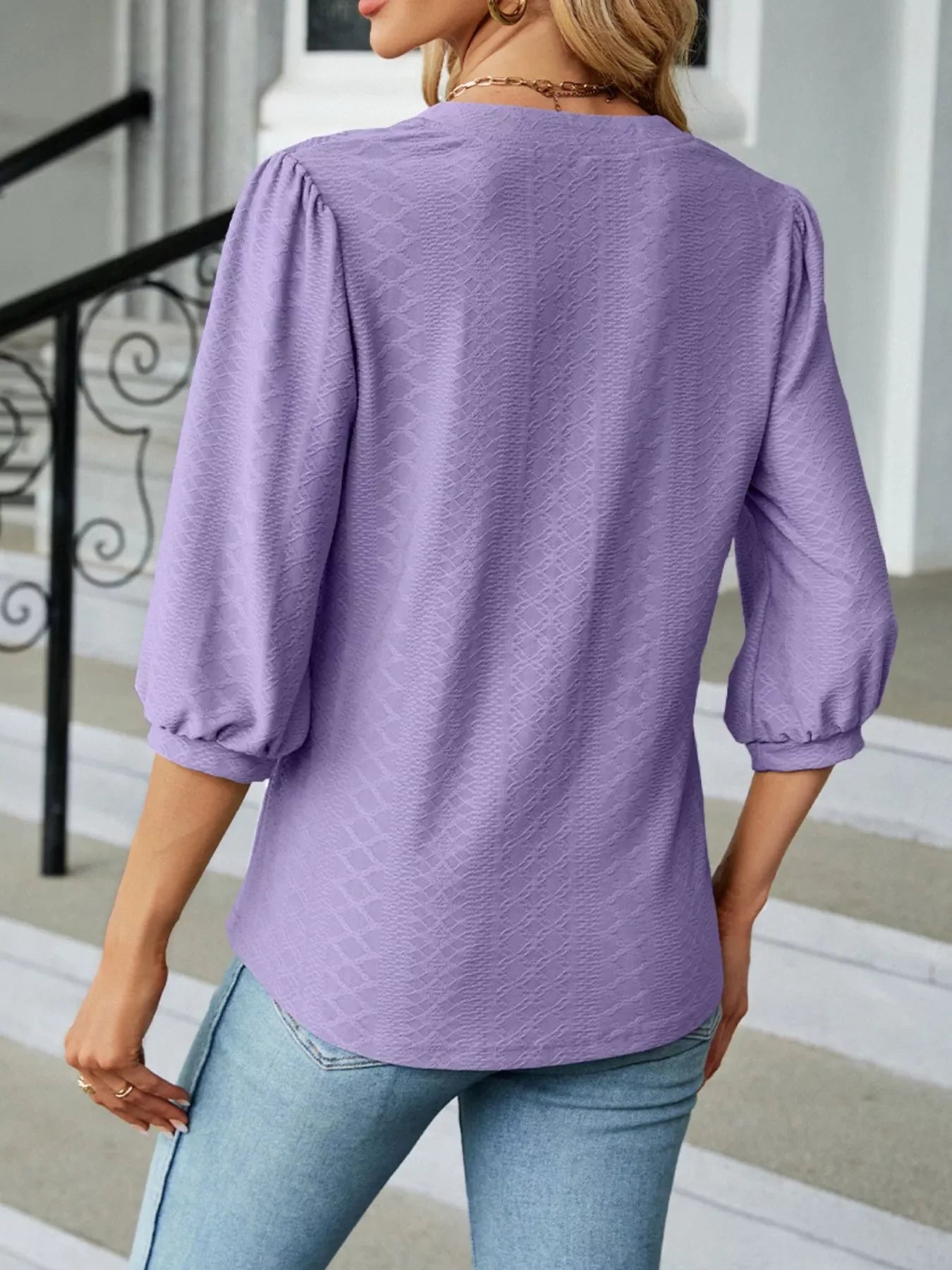 Notched 3/4 Sleeve Casual Top - Southern Shores Clothing