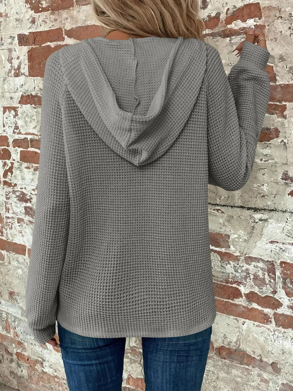 Waffle Knit Long Sleeve Drawstring Hooded Top - Southern Shores Clothing