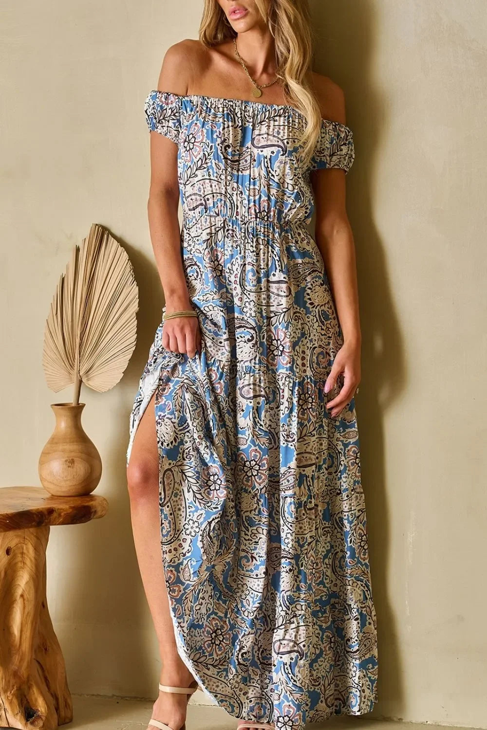 Boho Paisley Off Shoulder Maxi Dress With Elastic Waist - Southern Shores Clothing