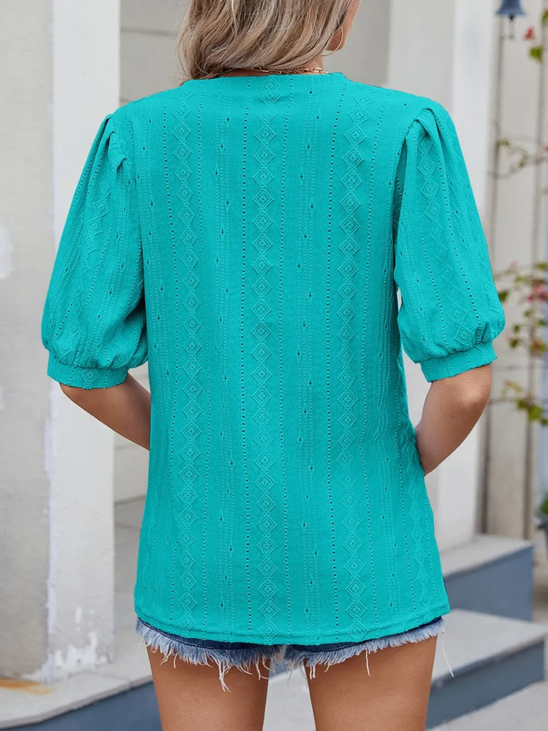 Puff Sleeve V-Neck Eyelet Lace Stretch T Shirt - Southern Shores Clothing