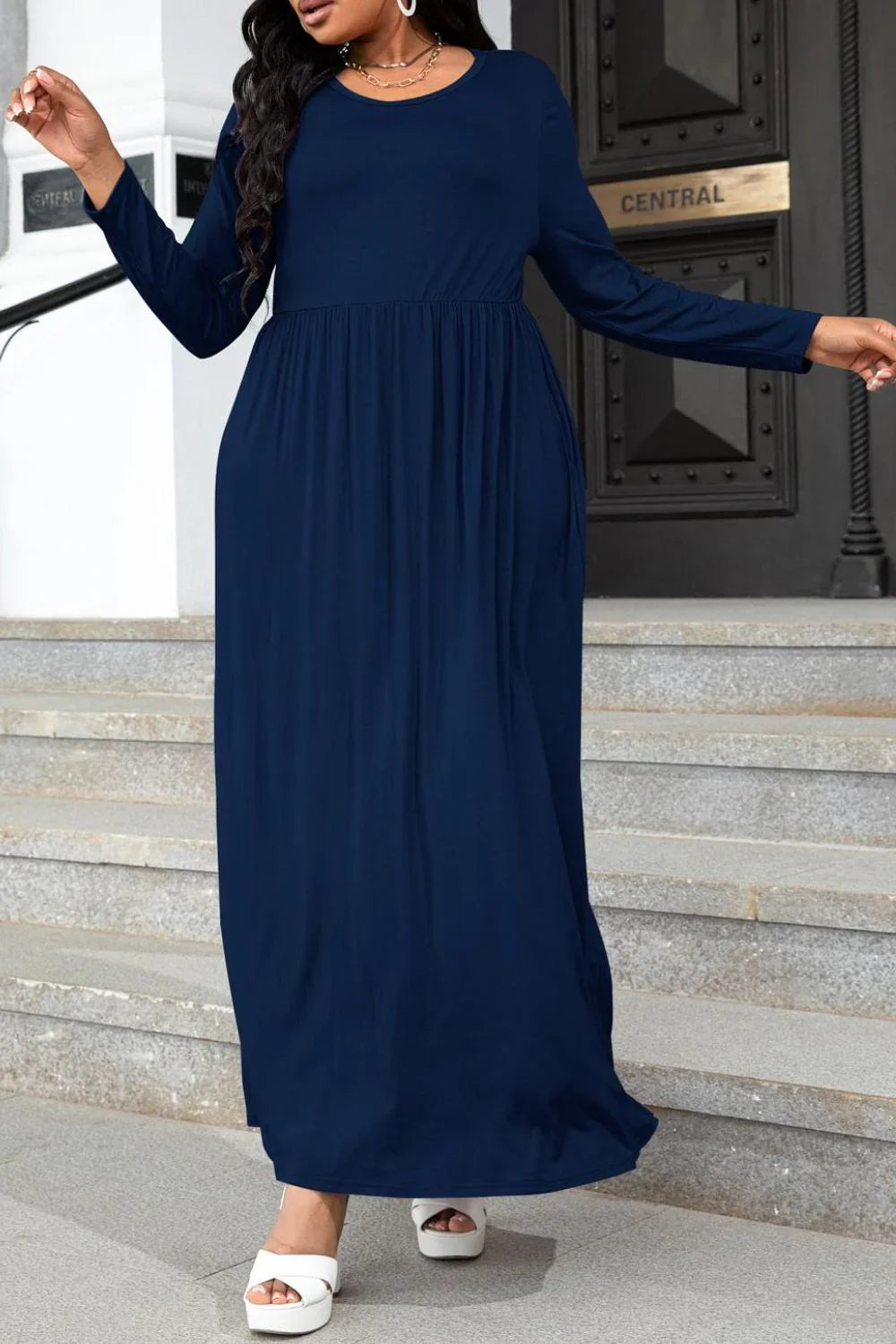 Plus Size Round Neck Long Sleeve Maxi Dress With Pockets - Southern Shores Clothing