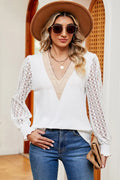 Openwork V-Neck Long Sleeve Sheer T-Shirt - Southern Shores Clothing