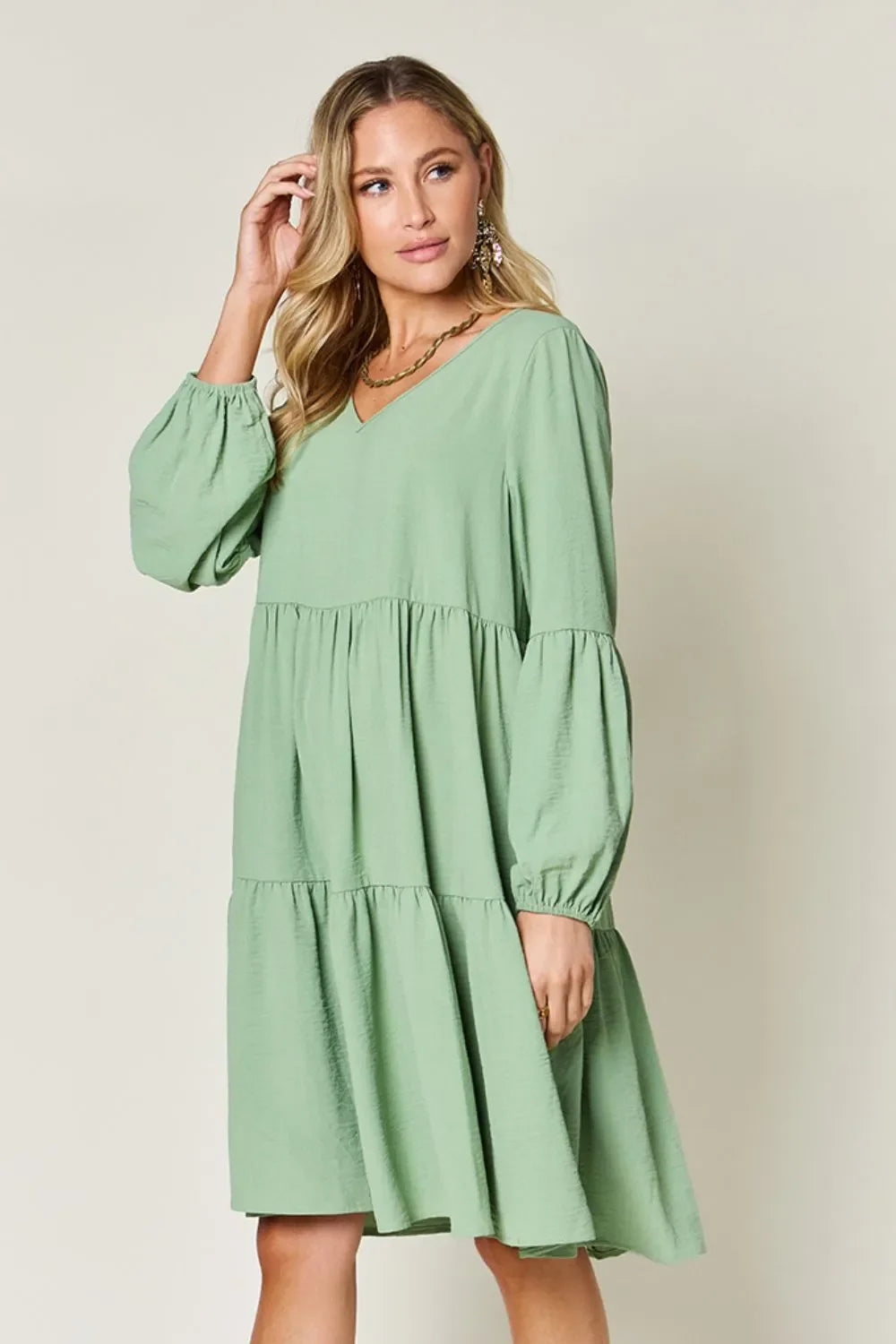 V Neck Balloon Sleeve Tiered Dress With Pockets