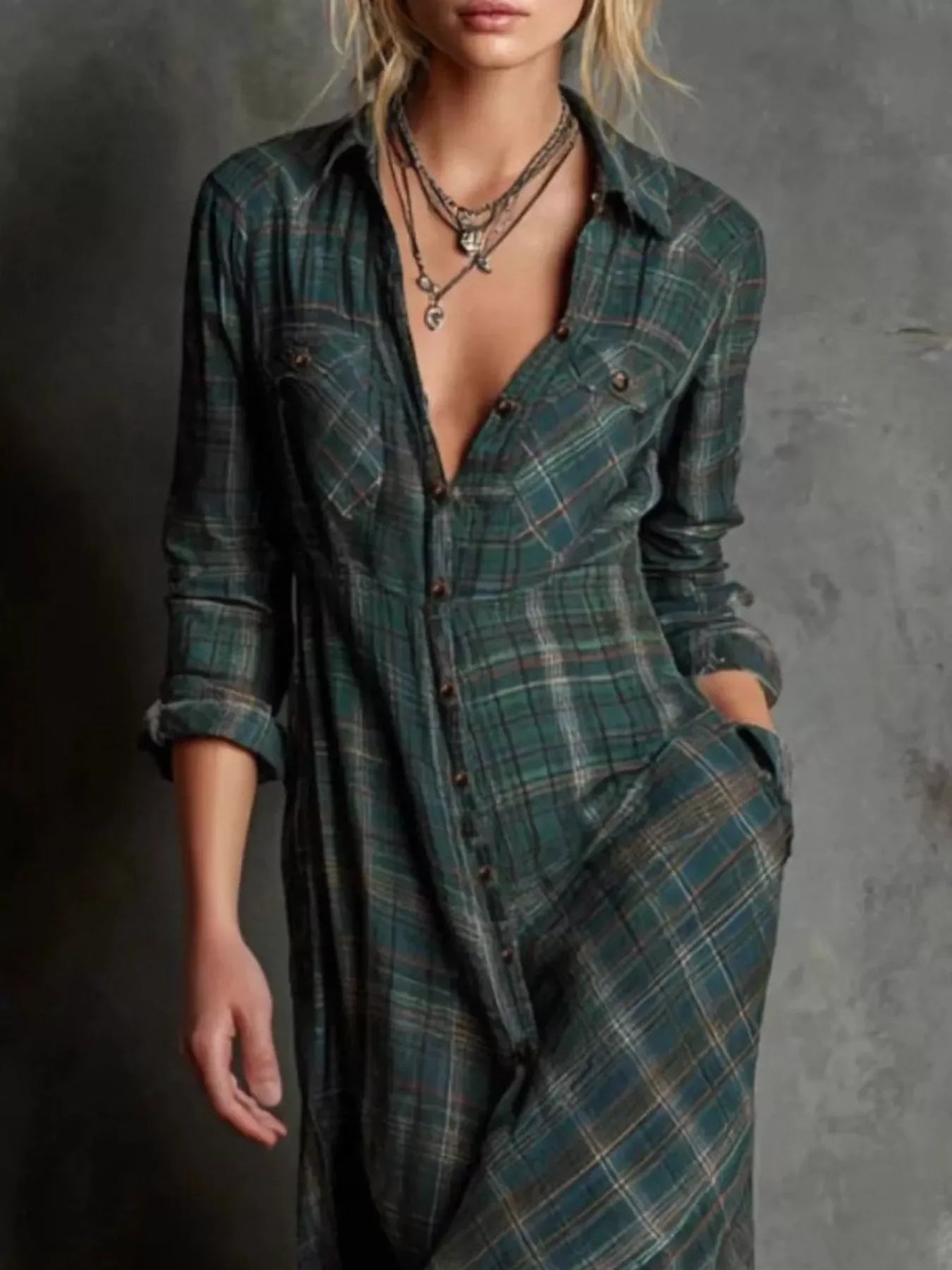 Plaid Button-Down Maxi Dress With Pockets Plus Size - Southern Shores Clothing