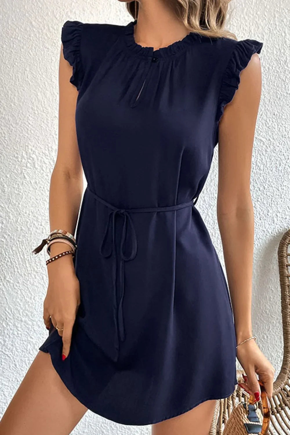 Perfee Ruffled Tie-Waist Keyhole Dress - Southern Shores Clothing
