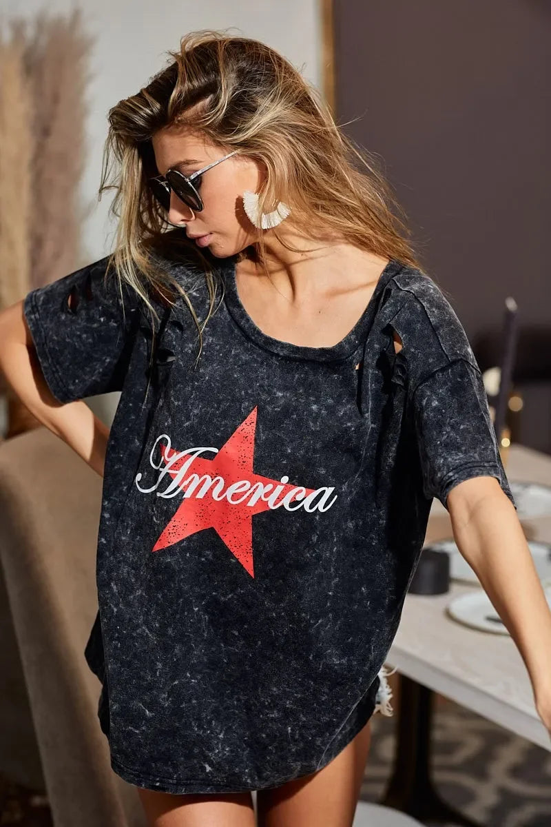 Laser Cut Mineral Washed Jersey T Shirt Americana Design - Southern Shores Clothing