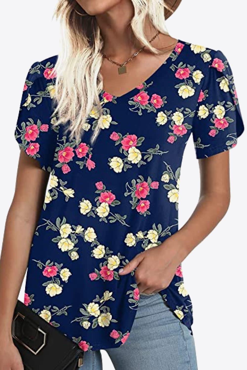 Casual Floral V Neck Blouse With Petal Sleeves - Southern Shores Clothing