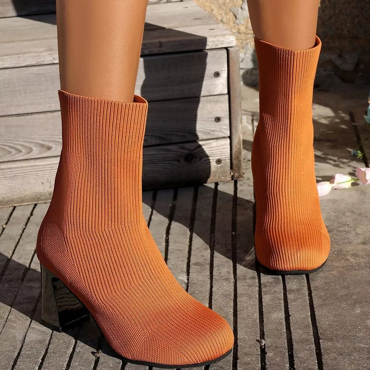 Round Toe Block Heels Boots Mesh Rubber Imported