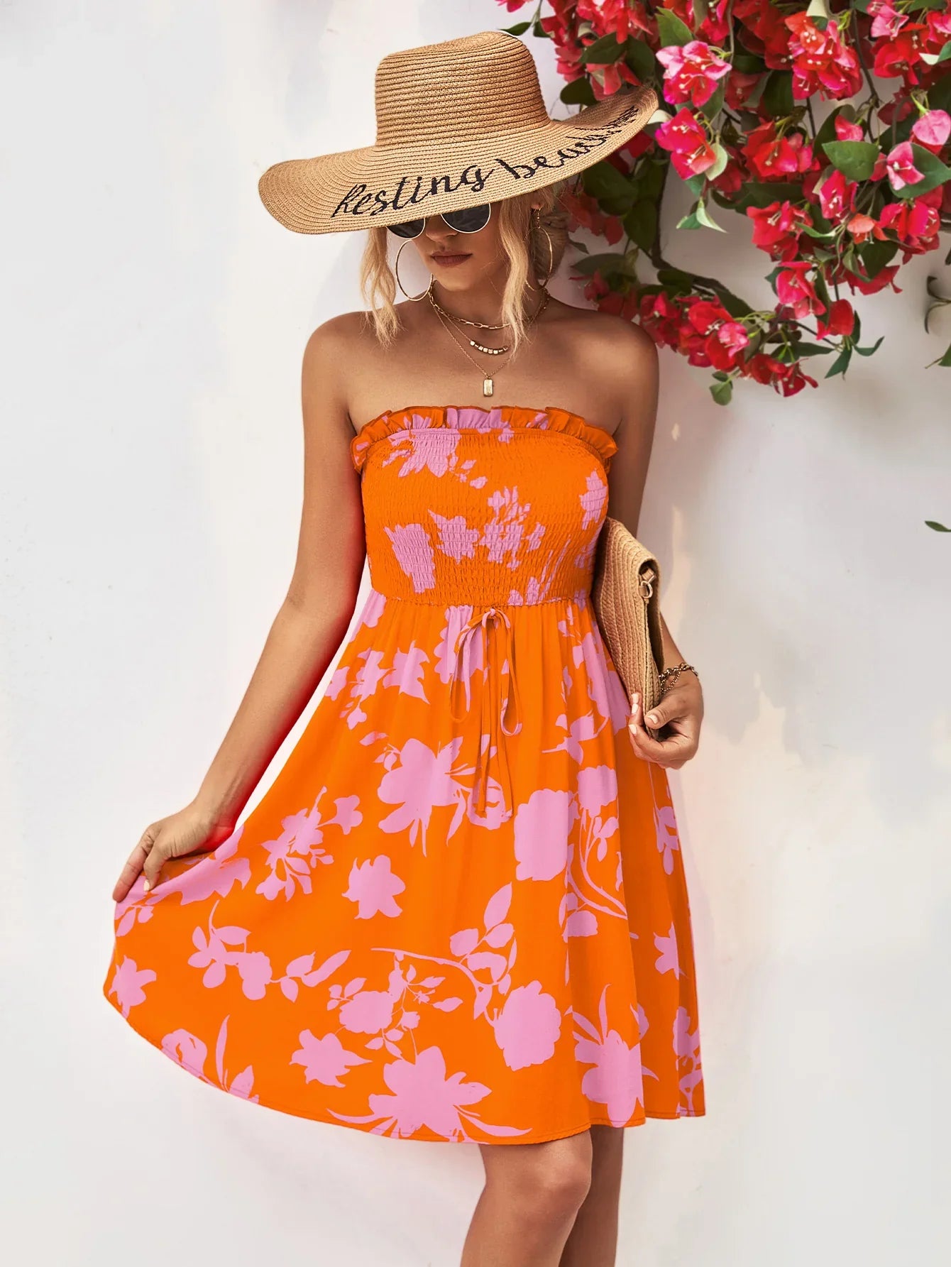 Floral Frill Trim Strapless Smocked Dress - Southern Shores Clothing
