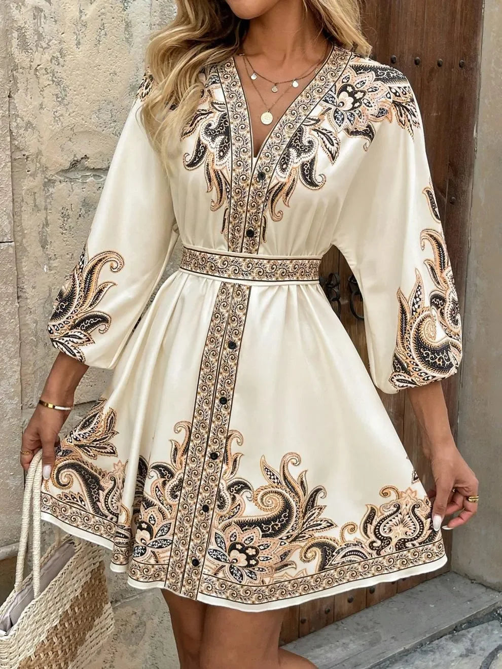 Paisley Print V Neck Mini Dress Tie Belt Three Quarter Sleeve - Southern Shores Clothing