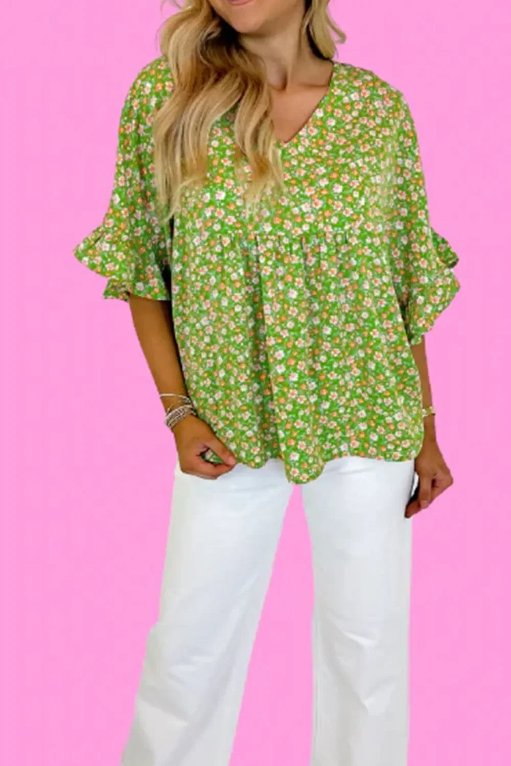 Ruffled Floral V-Neck Half Sleeve Blouse - Southern Shores Clothing