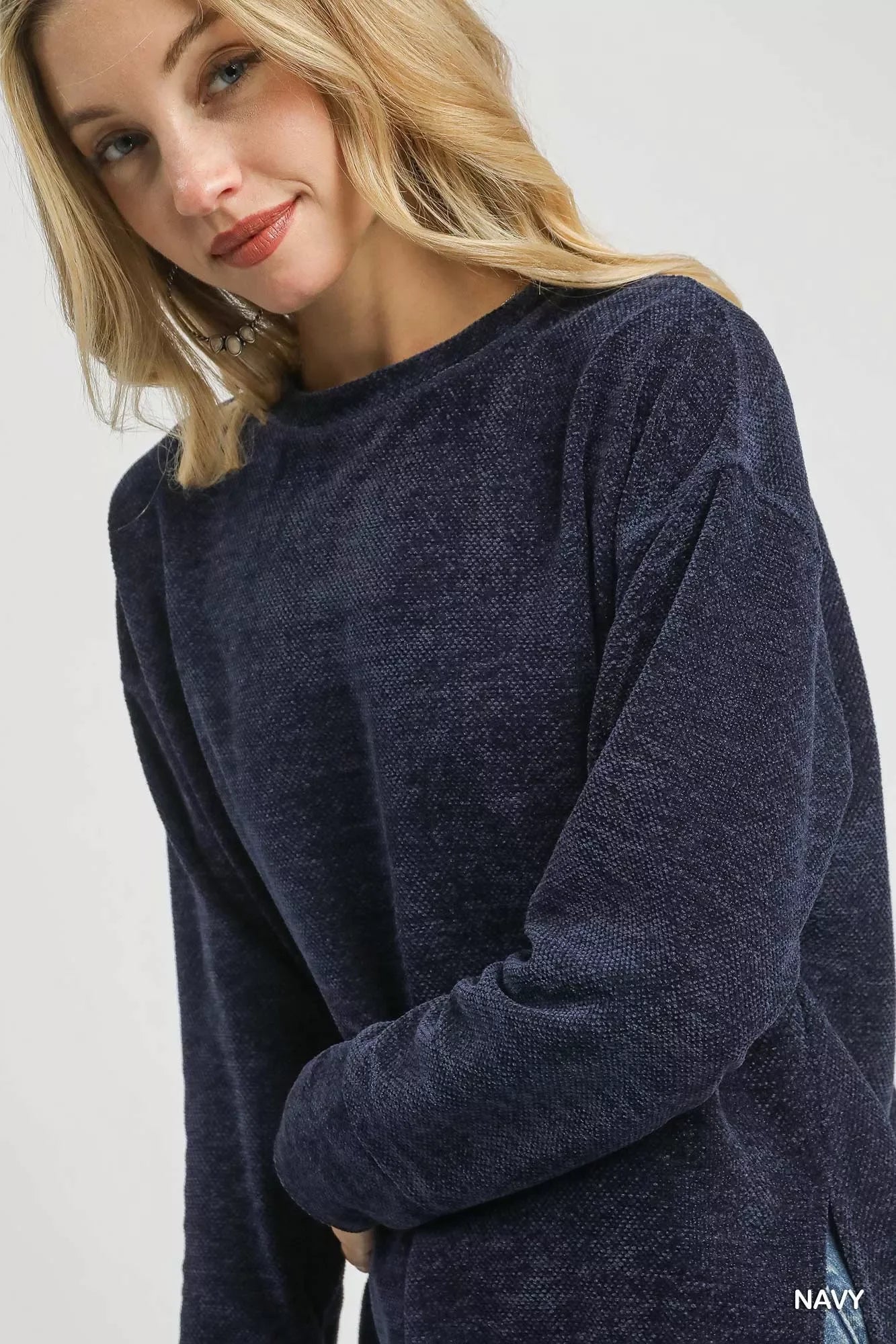 Round Neck Long Sleeve Top With Side Slits - Southern Shores Clothing
