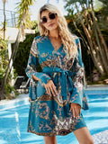 Printed Tie Belt Slit Flare Sleeve Dress - Southern Shores Clothing