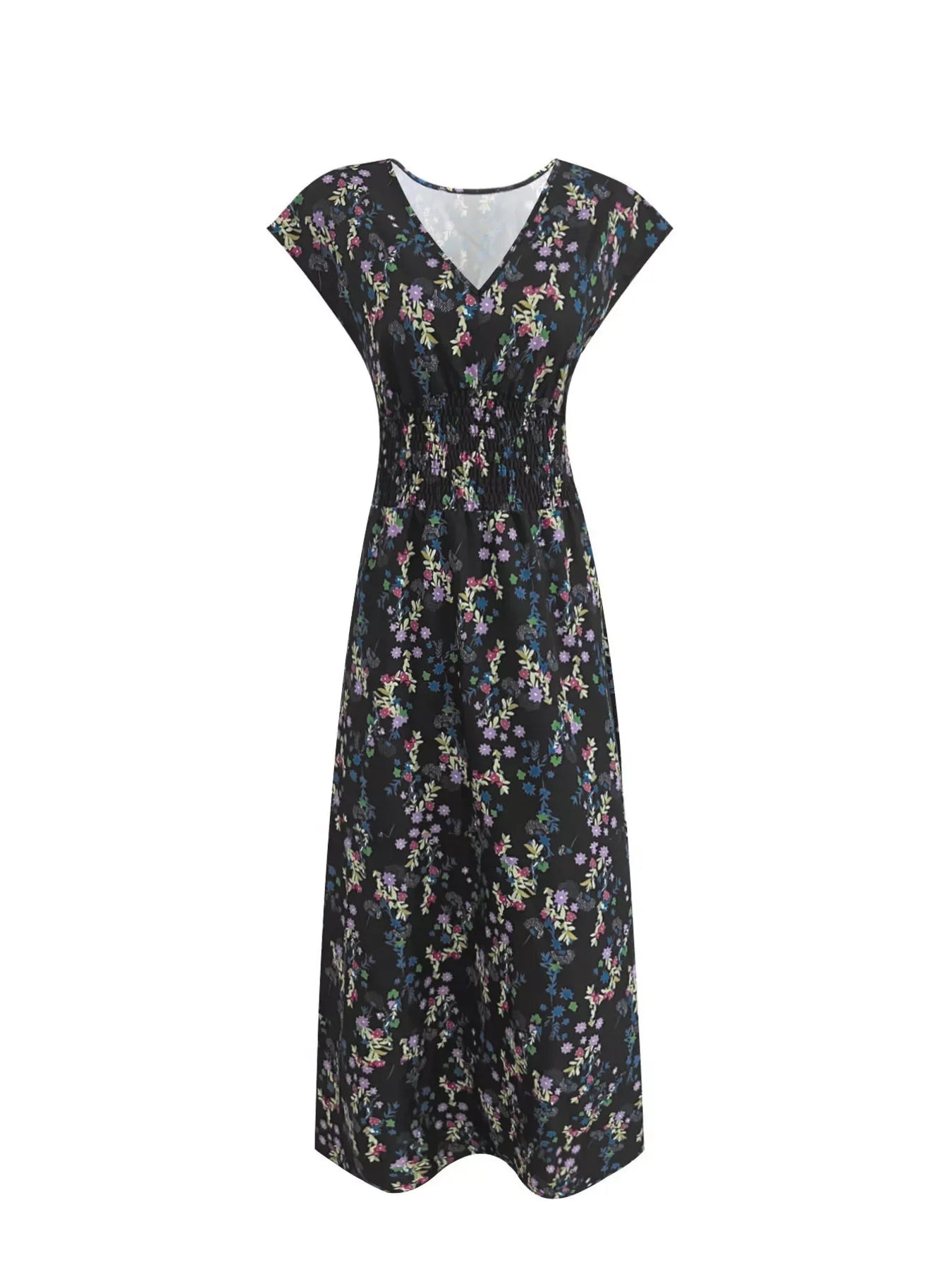 Printed V-Neck Cap Sleeve Maxi Dress Casual - Southern Shores Clothing