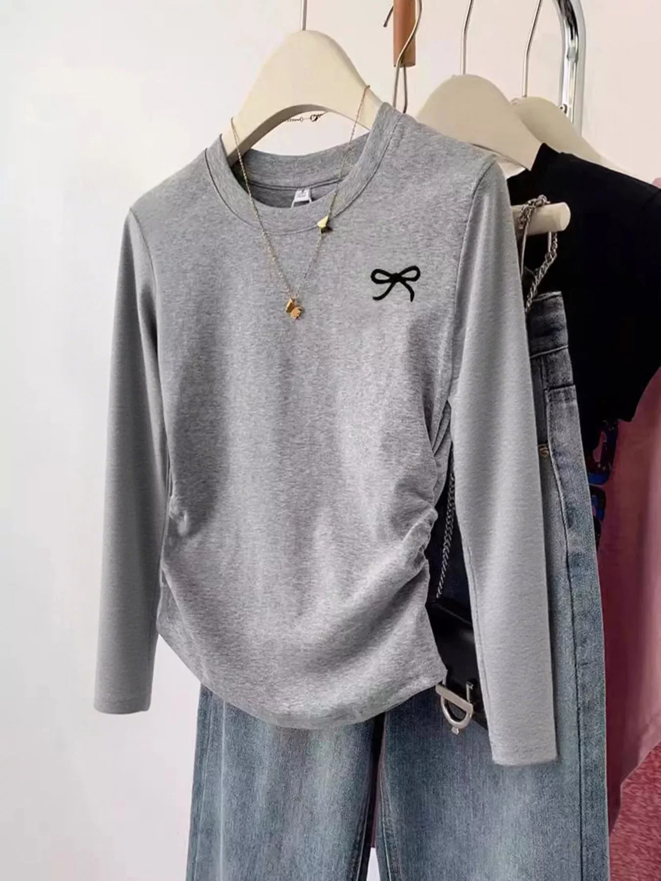 Bow Long Sleeve Ruched Stretch Fabric T Shirt - Southern Shores Clothing
